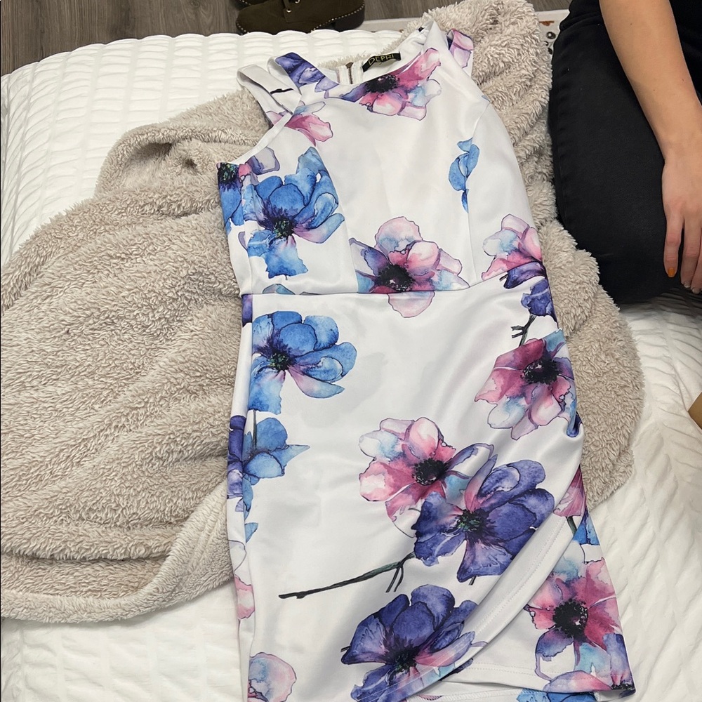 Floral Sleeveless Dress - White with Blue and Pink Accents